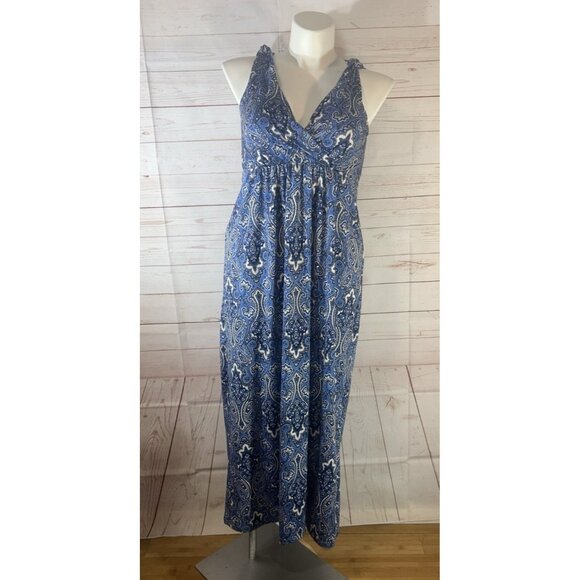 Simply Styled By Sears Women's Dress Size LP Maxi Sleeveless Blue Paisley V Neck - Picture 1 of 6